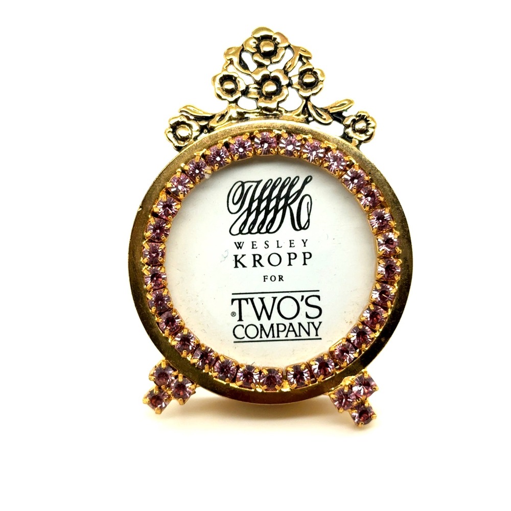Wesley Kropp for Twos Company Gold Pink Rhinestone Mini Round Picture Frame